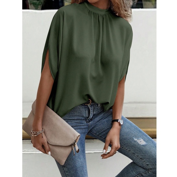 Army Green Blouse Top Flowy, High Neck - Picture 3 of 11